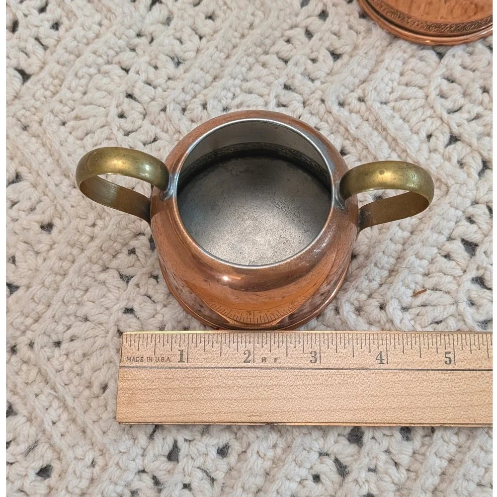 Vintage Copper Cream and Sugar Set Brass Handles‎ Etched Detail 2.5 inch